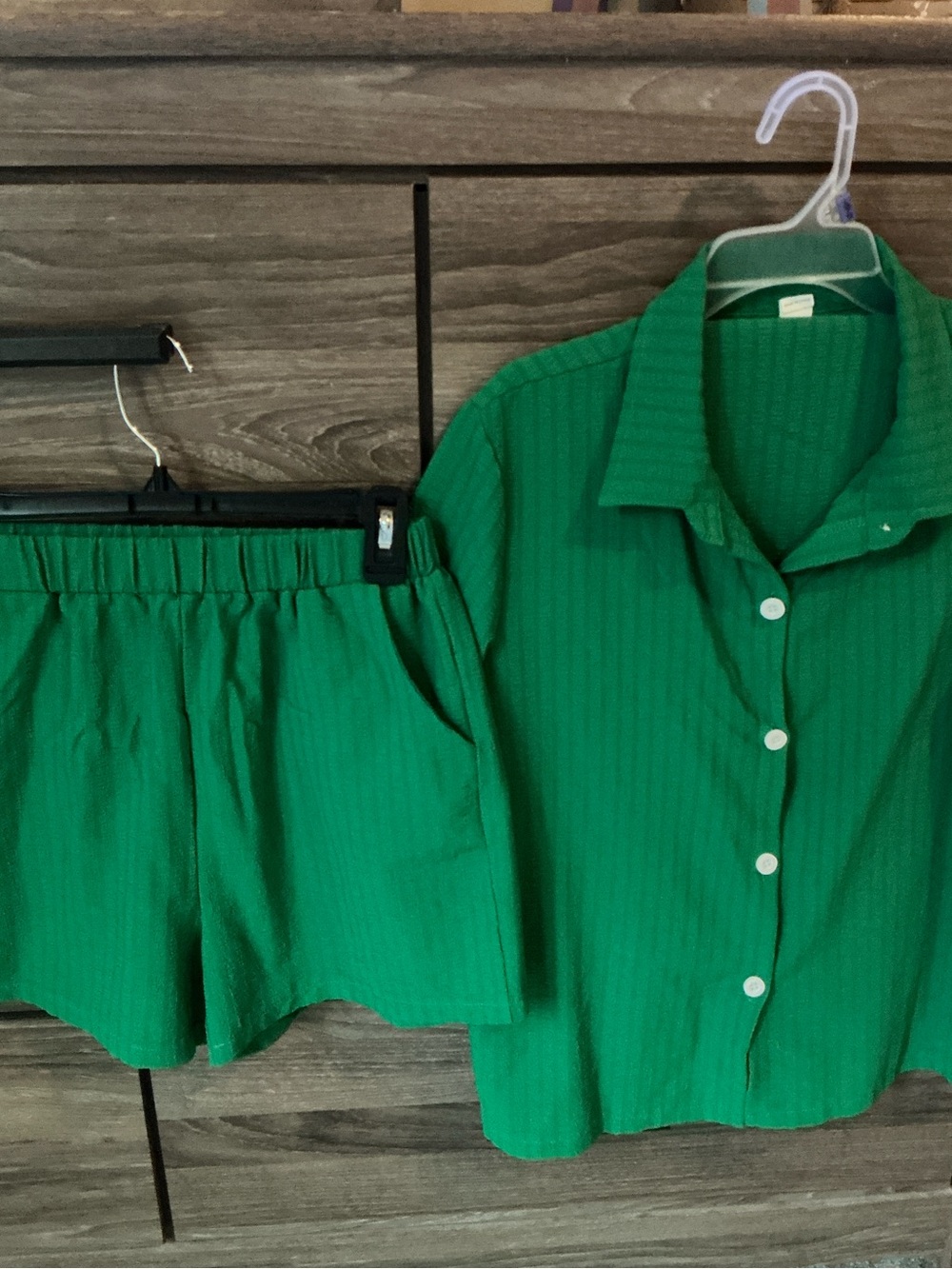 SHEIN Green Matching Button-Up Shirt & Shorts Set
